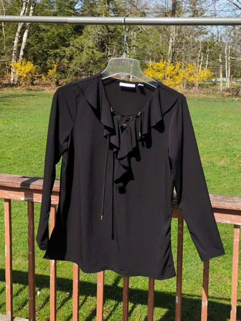 Susan Graver Black Tunic Top Sz S Ruffle Collar Romantic Goth Gold Loops Tie Nec